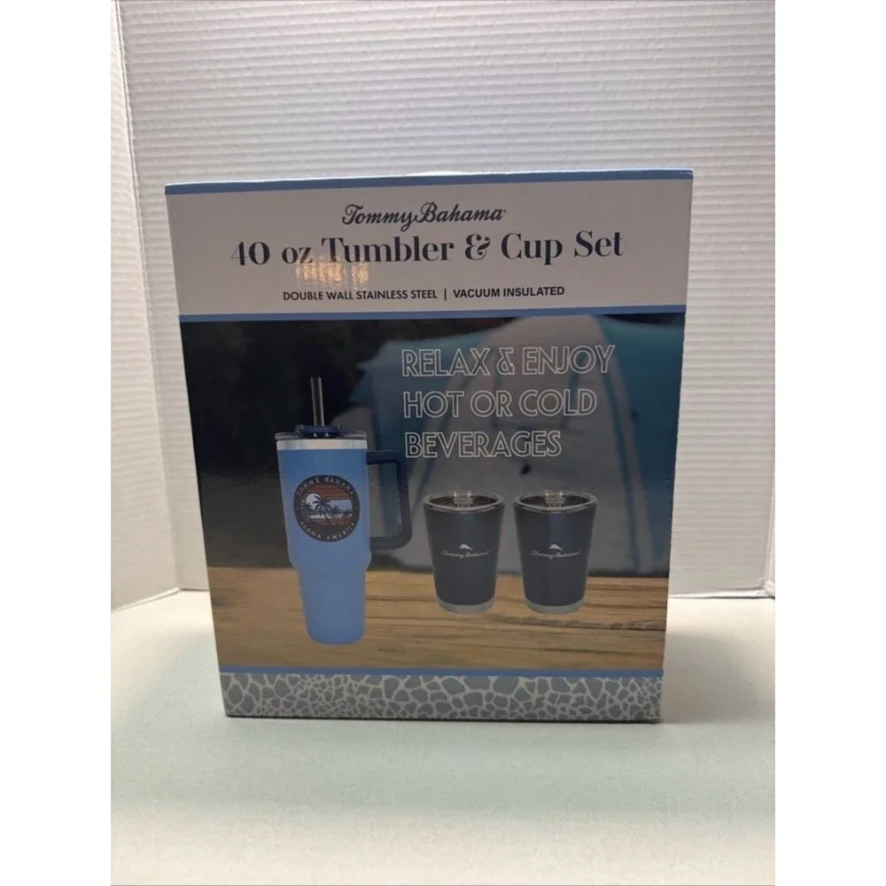 Tommy Bahama Light Blue 40 oz Tumbler & Matching Dark Blue Cups Set